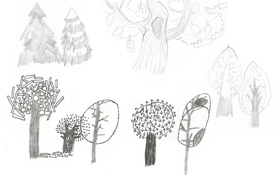 Графика первые уроки. Стилизованные деревья. Зарисовки деревьев. Стилизованные деревья и кусты. Деревья в графике.