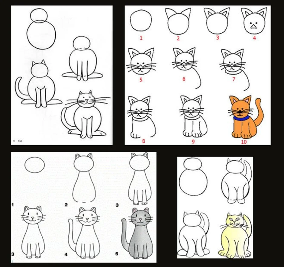 Рисуем кота с детьми. Пошаговое рисование для детей. Схемы рисования для дошкольников. Схема рисования кошки. Схема рисования кошки для дошкольников.