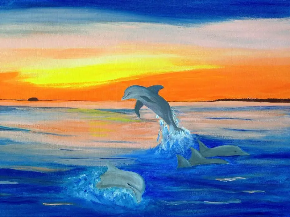 Рисунок красота моря окружающий мир 2 класс. Море рисунок. Пейзаж с дельфинами. Дельфины пастелью. Морской пейзаж гуашью.