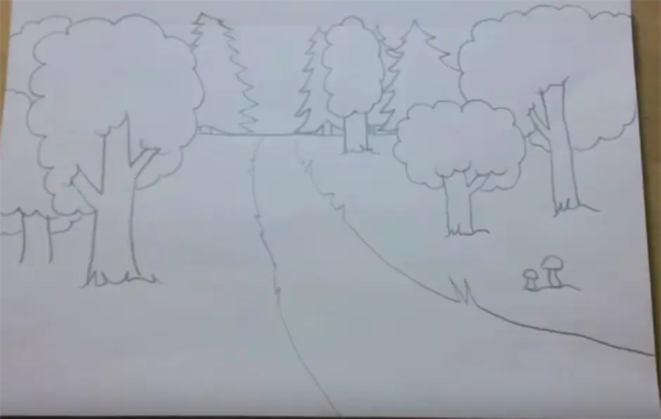 Лес карандашом для детей. Простой рисунок леса. Срисовать лес. Лёгкие рисунки леса. Деревья вдали рисунок
