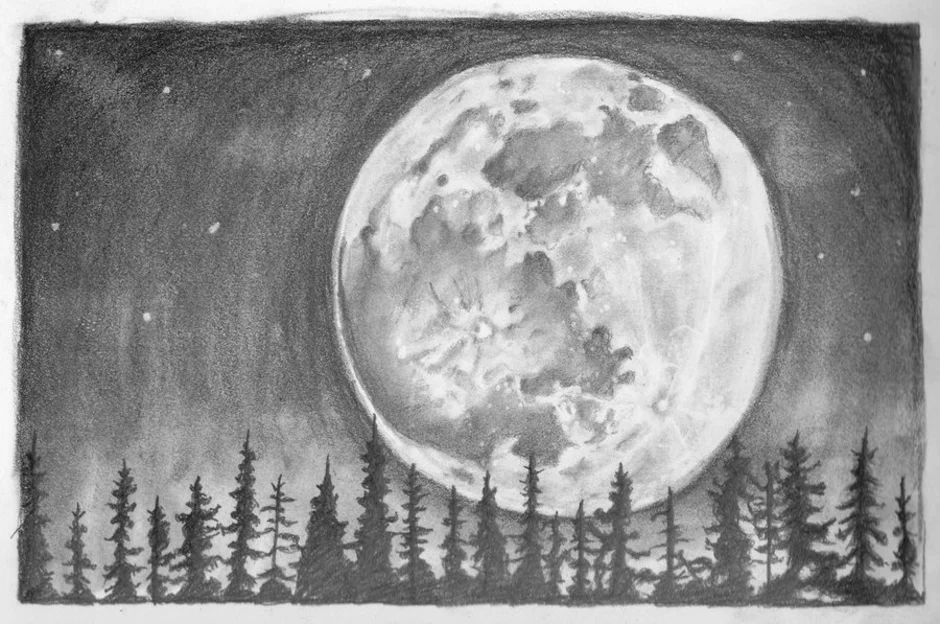 Дом на луне рисунок детский окружающий мир. Луна рисунок. Луна карандашом. Ночной пейзаж рисунок. Ночной пейзаж карандашом.