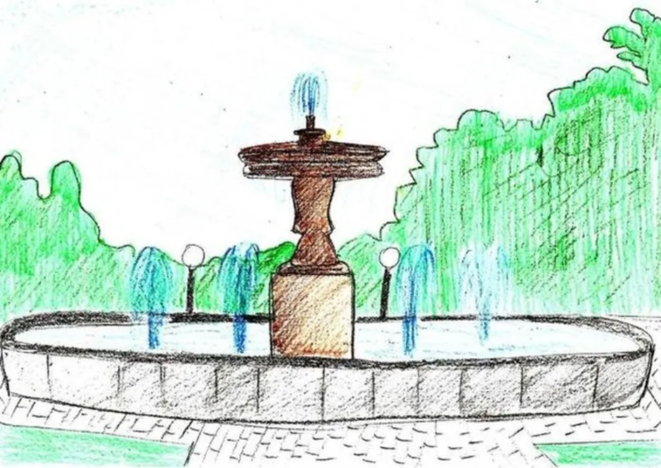 Территория парка рисунок 7 класс. Фонтан в парке «городской сад» в Краснодаре. Фонтан рисунок. Фонтан детский рисунок. Фонтан карандашом.
