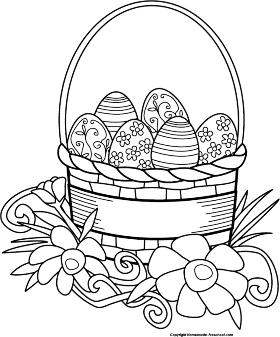 Открытка к пасхе рисунок. Раскраска Пасха. Раскраска пасхальные яйца в корзине. Пасхальная корзина раскраска. Картинки раскраски на пасхальную тему.