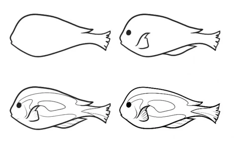 Рыбы пошагово. Рисование тушка рыбы карандашом для детей. Поэтапное рисование ерша. Плоская рыбка для рисования. Рисовать речные рыбы поэтапно.
