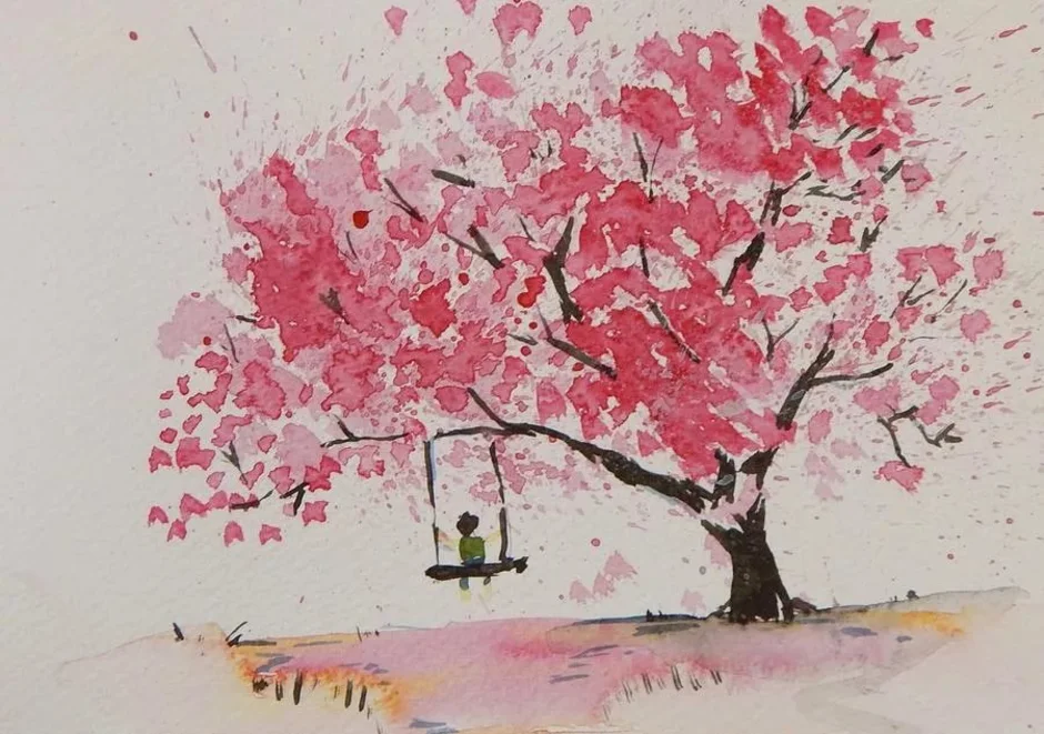 Как нарисовать дерево сакуры. Сакура рисунок. Рисование дерева Сакуры. Цветущик дерево красками. Сакура рисунок акварелью.