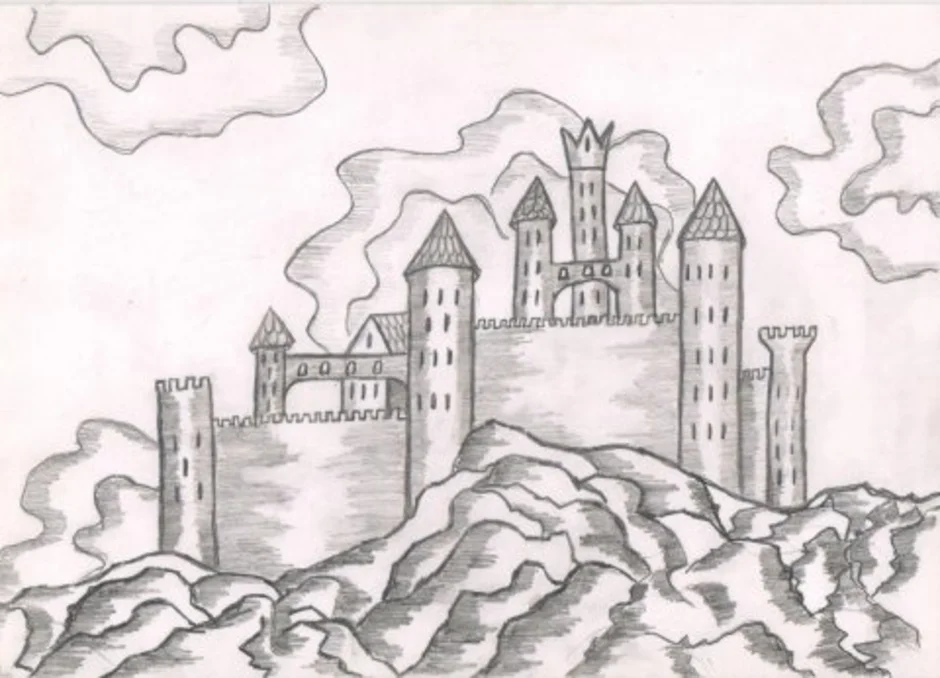 Старый замок по музыке 4 класс. Иллюстрация к пьесе Мусоргского старый замок. Старинный замок рисунок. Замок карандашом. Замок в романском стиле рисунок.