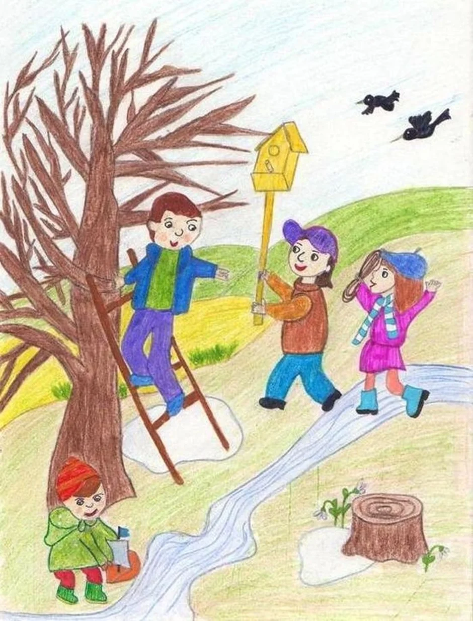 Весенние каникулы второй класс. Детские рисунки. Субботник рисунок для детей. Весенняя картина для детей. Детские весенние рисунки.