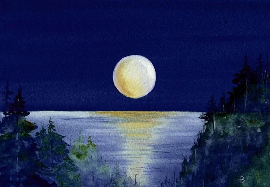 Стихотворение полный месяц. Лунные пейзажи в живописи. Лунная ночь в живописи. Лунный пейзаж акварелью. Пейзаж с луной.