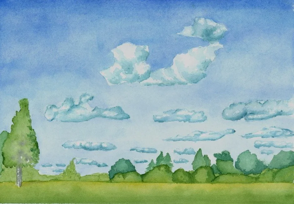 Пейзаж большой мир изо 6 класс. Пейзаж рисунок. Пейзаж детский рисунок. Пейзаж с облаками. Пейзаж с низкой линией горизонта.
