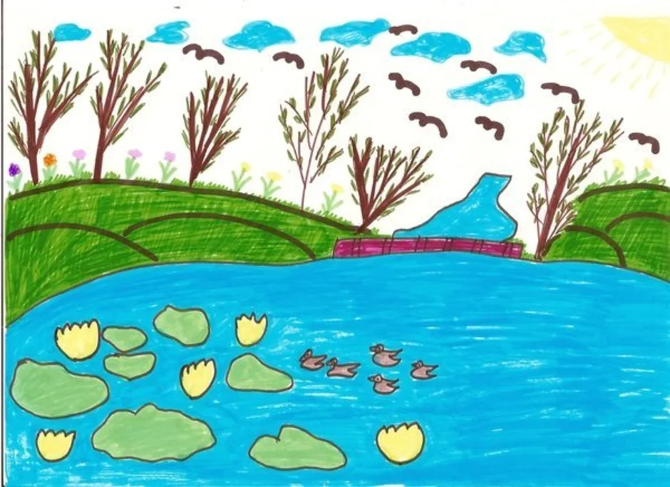 Детские рисунки озера. Рисование водоемов. Рисунок на тему водоемы. Пруд карандашом. Озеро рисунок.