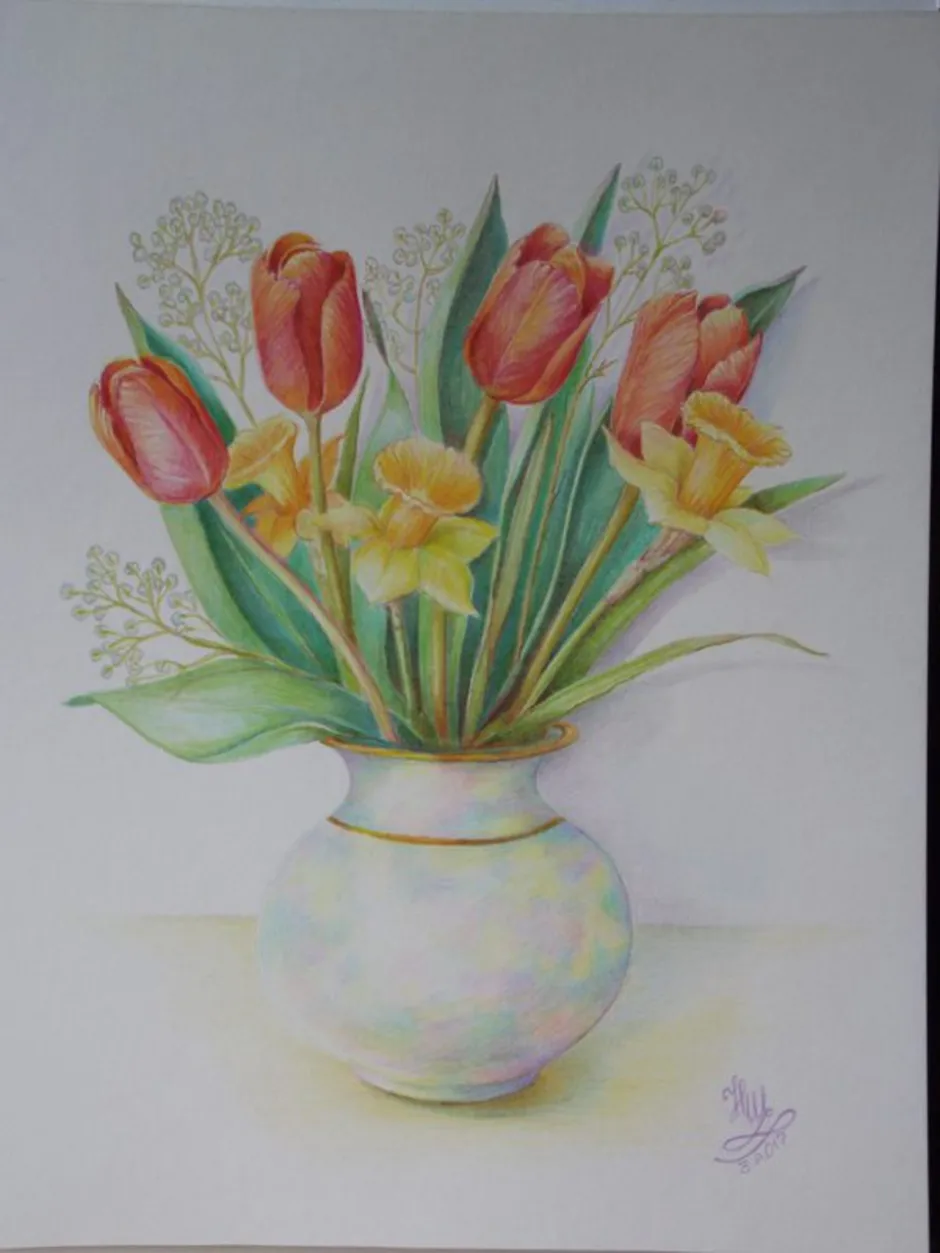 Весенний букет изо. Цветы цветными карандашами. Рисование весенний букет. Ваза с цветами цветными карандашами. Букет цветов цветными карандашами.