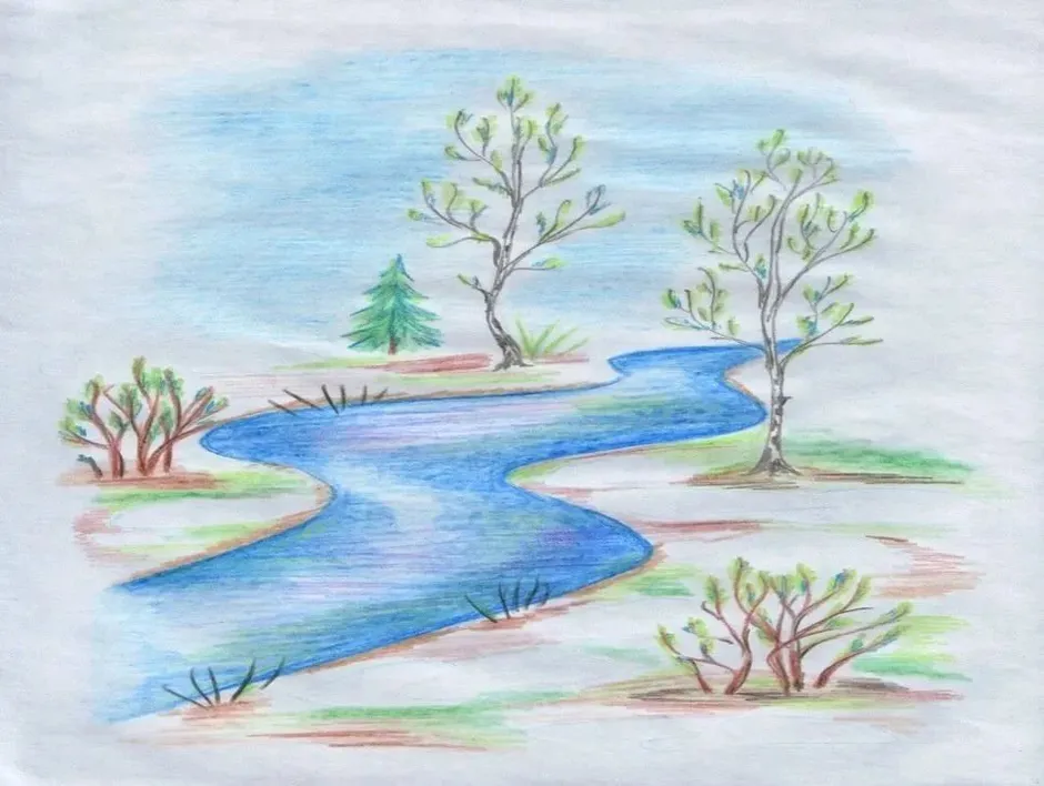 Весенний пейзаж гуашью. Поэтапное рисование для детей с фото