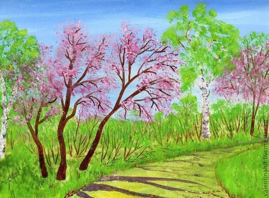 Пейзаж 3. Рисование весеннего пейзажа. Весенний пейзаж цветными карандашами. Весенний пейзаж для детей. Рисование Цветущий сад.