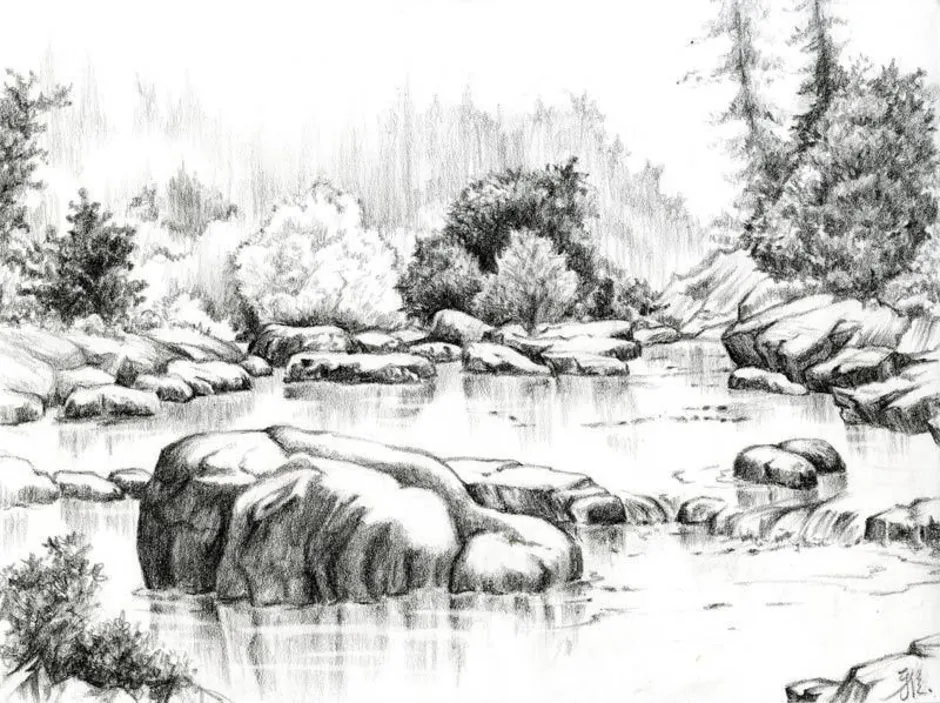 Рисунок черного озера. Пейзажи природы карандашом. Графический пейзаж карандашом. Рисунки карандашом природа. Наброски пейзажа.