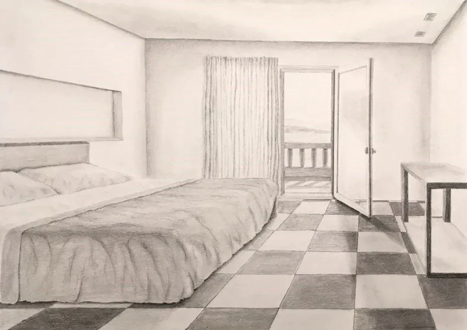 Интерьер карандашом легко. Рисование интерьера комнаты. Нарисовать интерьер комнаты. Угловая перспектива спальни. Комната карандашом.