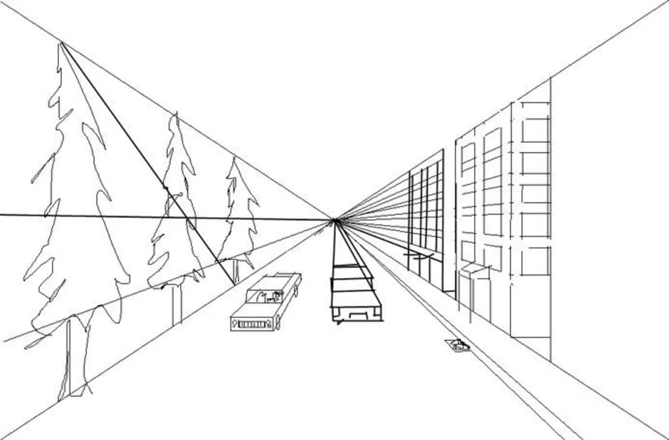 Линейная перспектива рисовать. Линейная перспектива с одной точкой схода улица. Линейная перспектива с 1 точкой схода. Линейная перспектива с 2 точками схода городской пейзаж. Линейная перспектива улицы с 1 точкой схода.