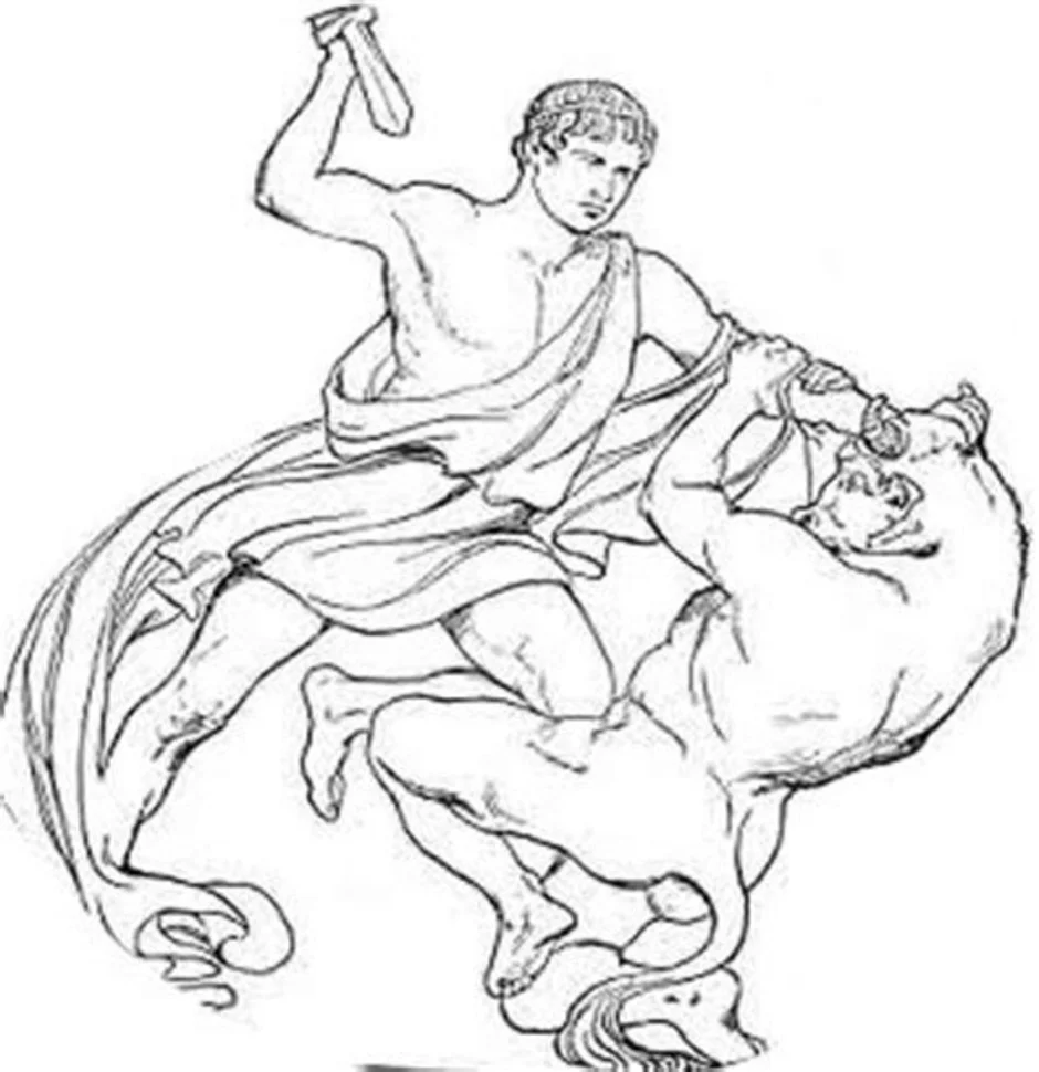 Каким вы представляете геракла. Мифы древней Греции Минотавр и Тесей. Подвиги Геракла и Тесея. Критский бык подвиг Геракла раскраска. Рисунок к мифу Тесей и Минотавр.