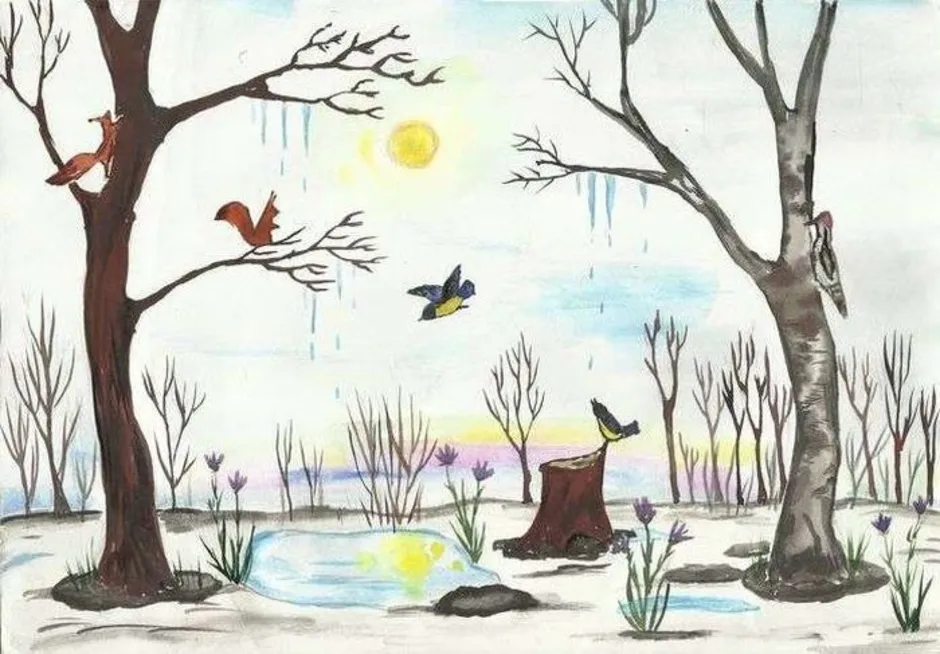 Рисуем весну 2 класс поэтапно. Весенние рисунки для детей. Рисунок на весеннюю тематику. Весенний пейзаж для детей.