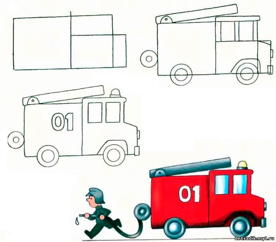 Пожарная машина поэтапно. Рисование для детей пожарная машина. Рисование пожарная машина в старшей группе. Рисование пожарной ма. Поэтапное рисование пожарной машины.