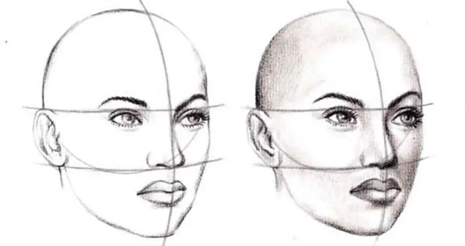 Голова в 3 4. Рисование лица в полоборота. Схема лица в три четверти. Пропорции лица три четверти. Рисование лица в поворотах.