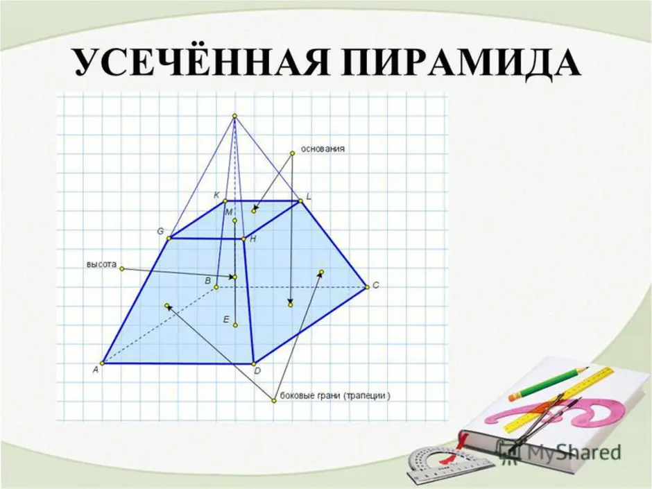 Усеченная пирамида по клеточкам. Правильная усеченная четырехугольная пирамида. Четырёхугольная усеченная правильная пирамида чертеж. Правильная треугольная усеченная пирамида чертеж. Усеченная четырёх угольная пирамида.