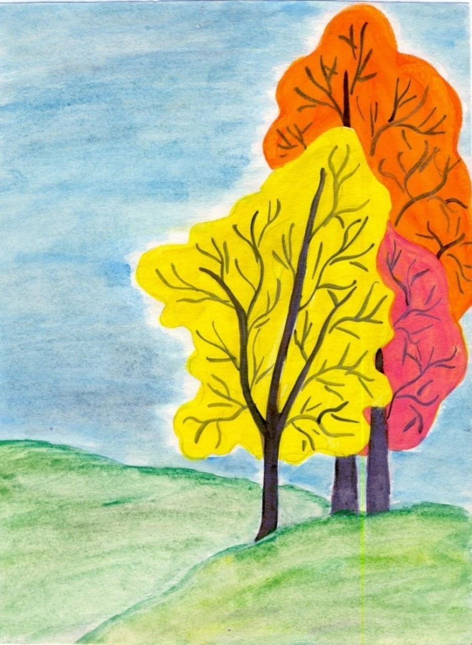 Что можно нарисовать 4 класс. Рисунок осень. Пейзаж осени легкий. Рисование осень. Детский рисунок на тему осень.