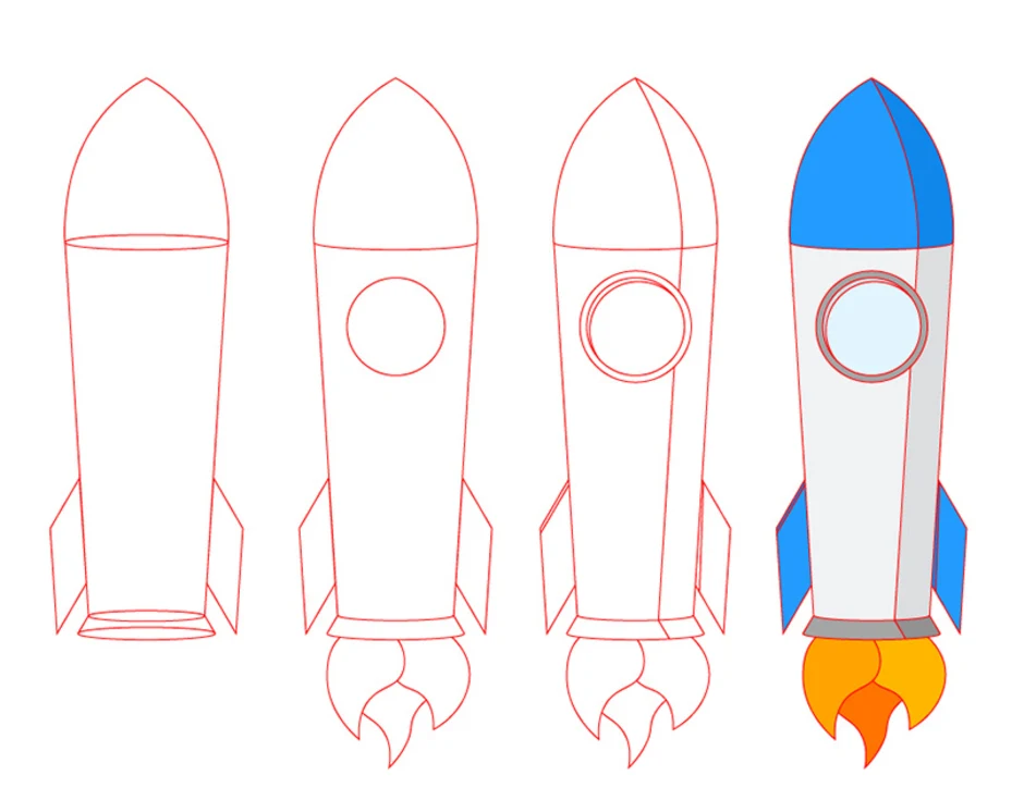 Покажи как нарисовать ракету. Поэтапное рисование ракеты. Этапы рисования ракеты. Нарисовать ракету поэтапно. Пошаговое рисование ракеты для детей.