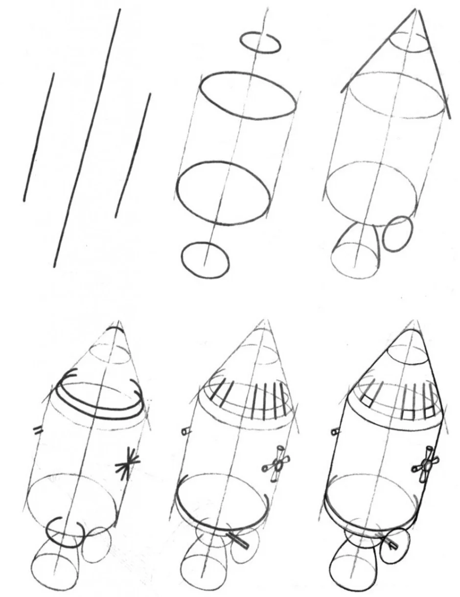 Ракета срисовать. Рисование ракета. Пошаговое рисование ракеты. Ракета для рисования для детей. Поэтапное рисование космического корабля для детей.