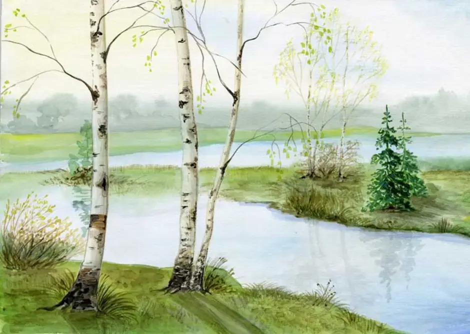 Весенний пейзаж рисунок акварелью