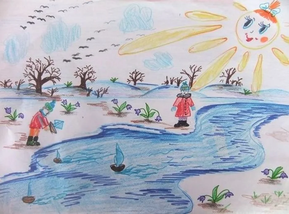 Рисунок на тему весне дорогу. Детские весенние рисунки.