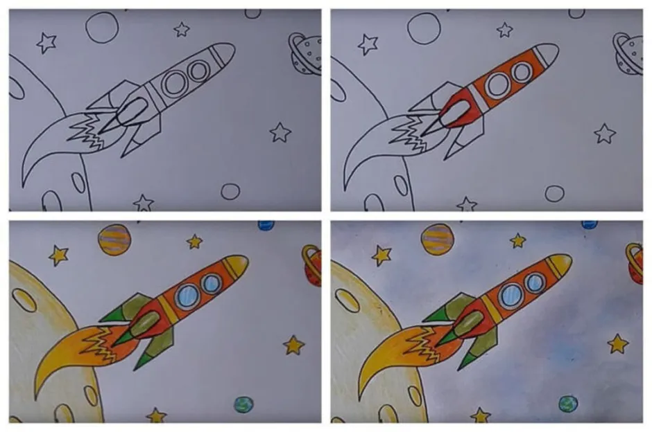 Нарисовать ракету поэтапно для детей. Рисование для детей космос. Рисунок на космическую тему. Рисунок ко Дню космонавтики. Ракета для рисования для детей.