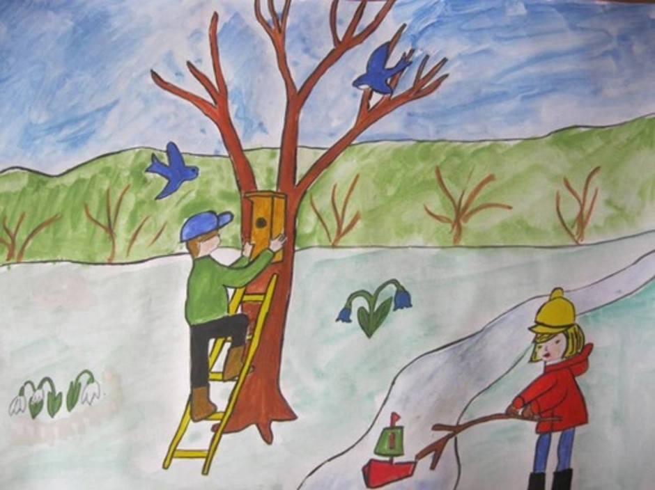 Рисунок на тему весне дорогу. Детские весенние рисунки. Весенний детский рисунок.