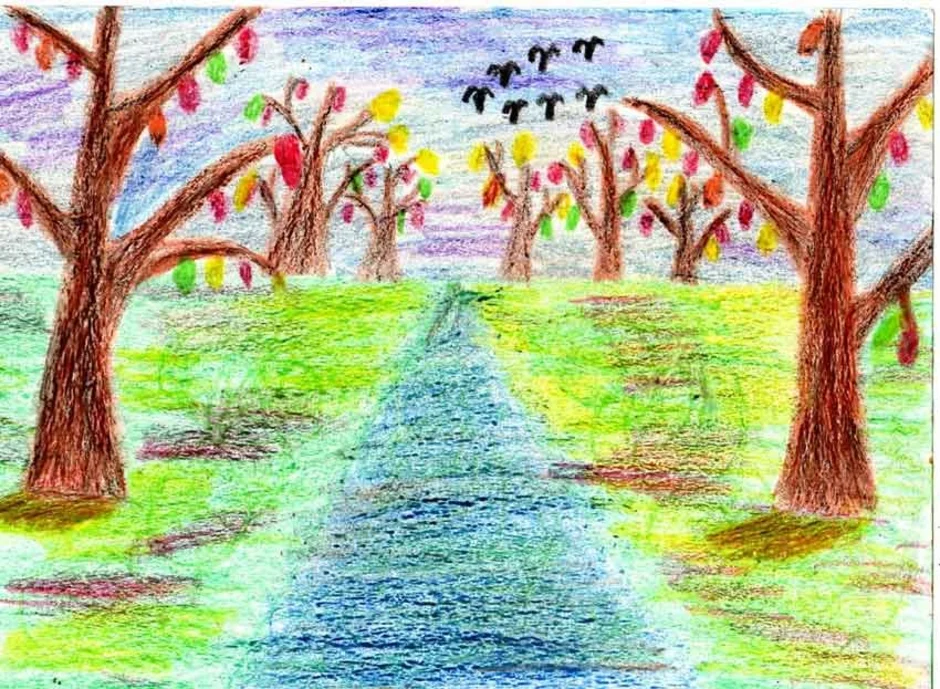 Пейзаж 2 класс. Осень цветными карандашами для детей. Пейзаж цветными карандашами для детей 5 лет. Осенний лес восковыми мелками. Природа для рисования для детей 8 лет.