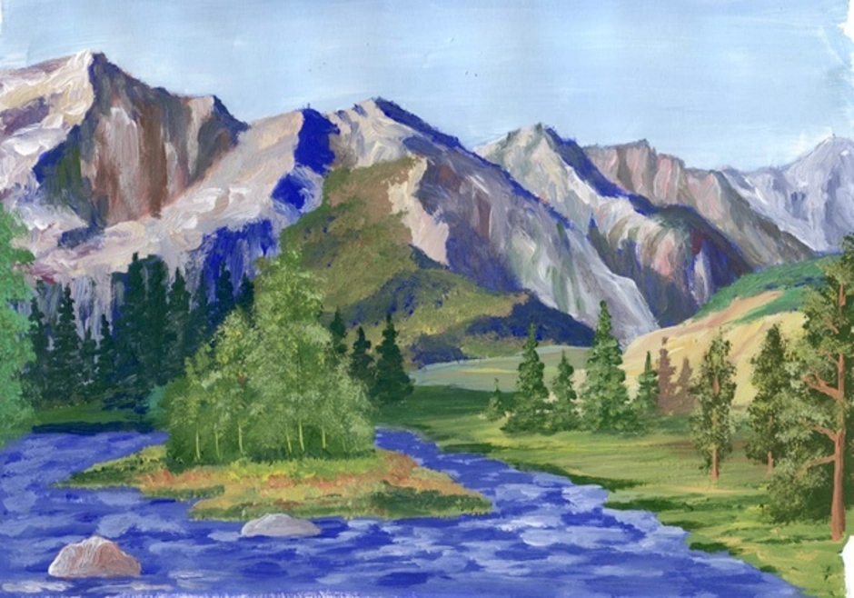Рисунок красота гор окружающий мир. Урал Тансыкбаев картины. Пейзажи для рисования. Пейзаж гуашью. Горы гуашью.