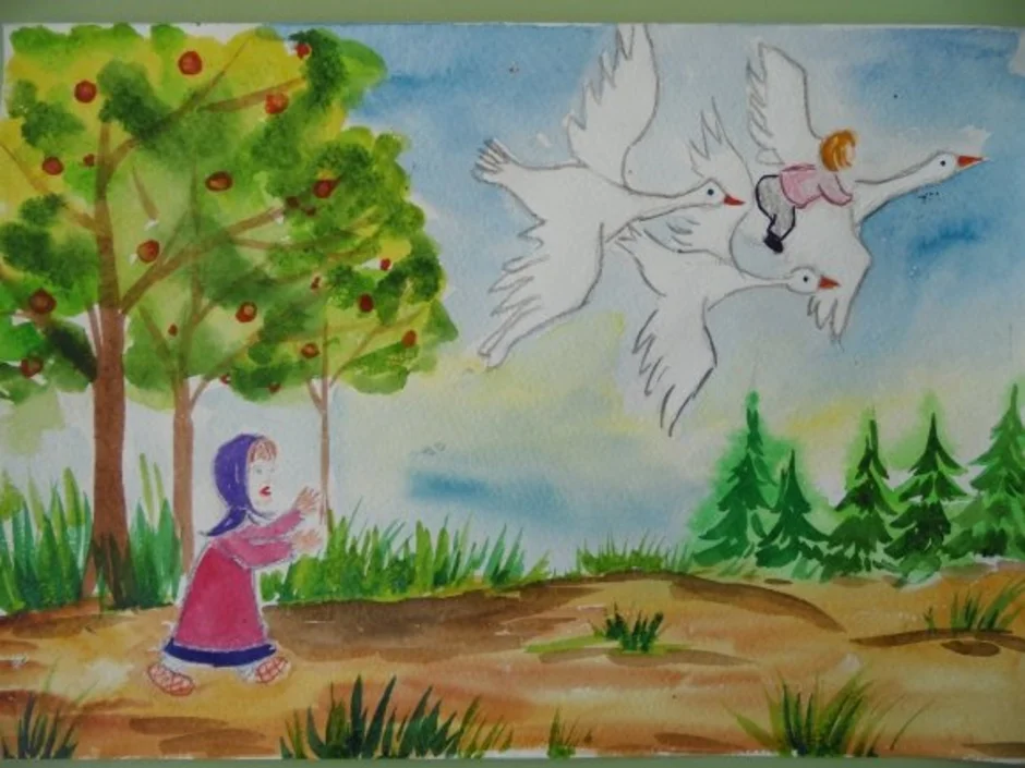 Гуси лебеди рисунок для детей 1 класса. Рисунок к сказке гуси лебеди. Иллюстрация к сказке гуси лебеди 2 класс изо. Рисование сказки гуси лебеди. Рисование русской народной сказки в подготовительной.