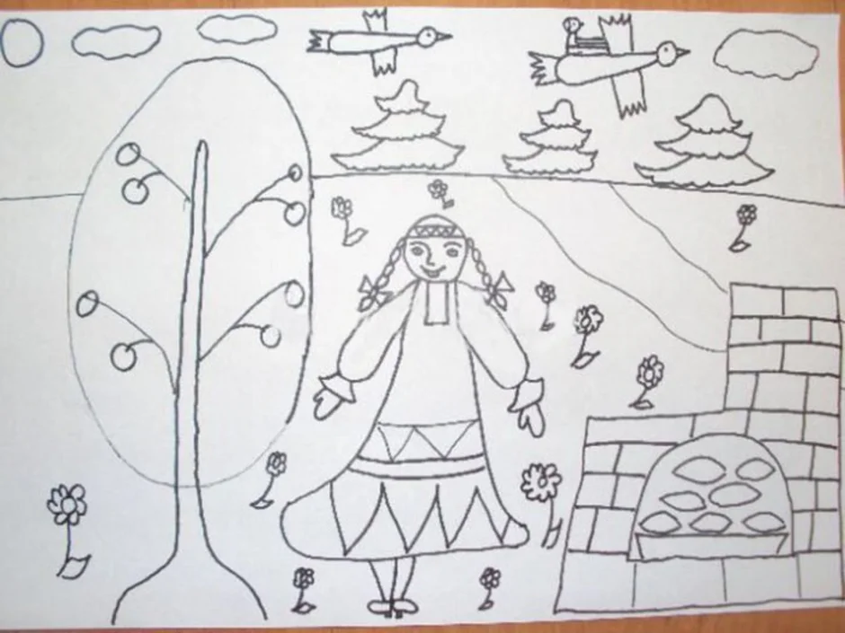 Гуси лебеди рисунок для детей 1 класса. Рисунок сказки. Рисунок к сказке гуси лебеди. Гуси лебеди детские рисунки. Рисунок на тему сказки гуси лебеди.