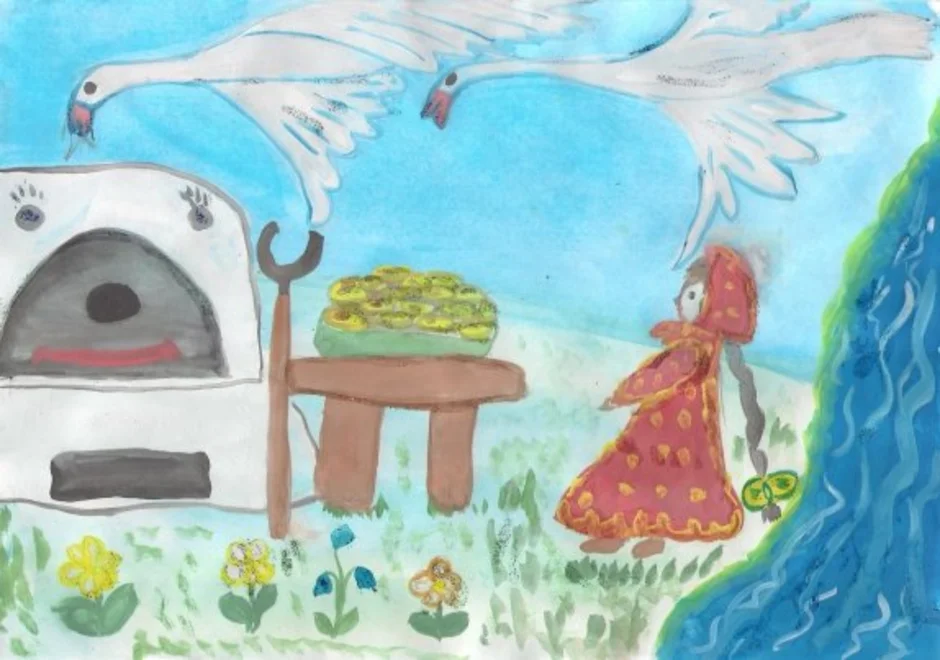 Гуси лебеди рисунок для детей 1 класса. Сказка гуси лебеди. Рисунок сказки. Рисование гуси лебеди. Детские рисунки к сказке гуси лебеди.