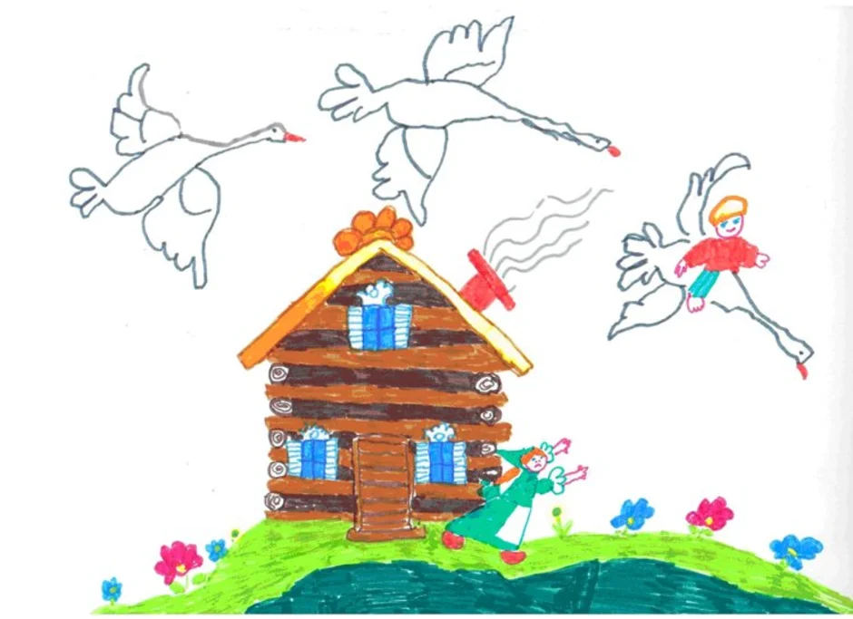 Гуси лебеди рисунок для детей 1 класса. Рисование гуси лебеди. Рисунок сказки. Рисунок к сказке гуси лебеди. Изо гуси лебеди.