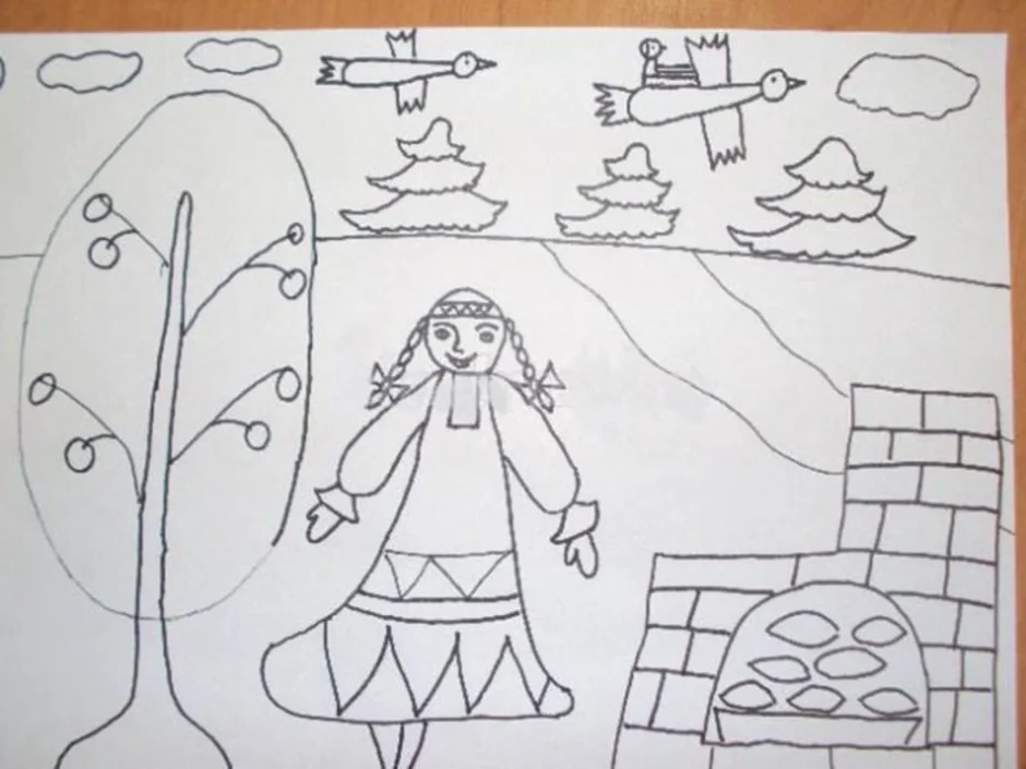 Гуси лебеди рисунок для детей 1 класса. Иллюстрация к сказке гуси-лебеди 2 класс. Рисунок к сказке гуси лебеди. Рисование сказки гуси лебеди. Рисование сказки гуси лебеди 2 класс.