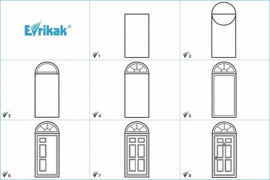 Дверь нарисовать легко. Как рисуется дверь. Как нарисовать открытую дверь поэтапно. Дверь рисунок карандашом пошагово. Окно поэтапное рисование.