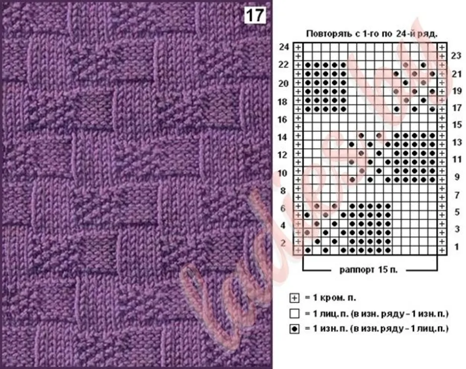 Двухсторонние узоры спицами для пледа схемы и описание