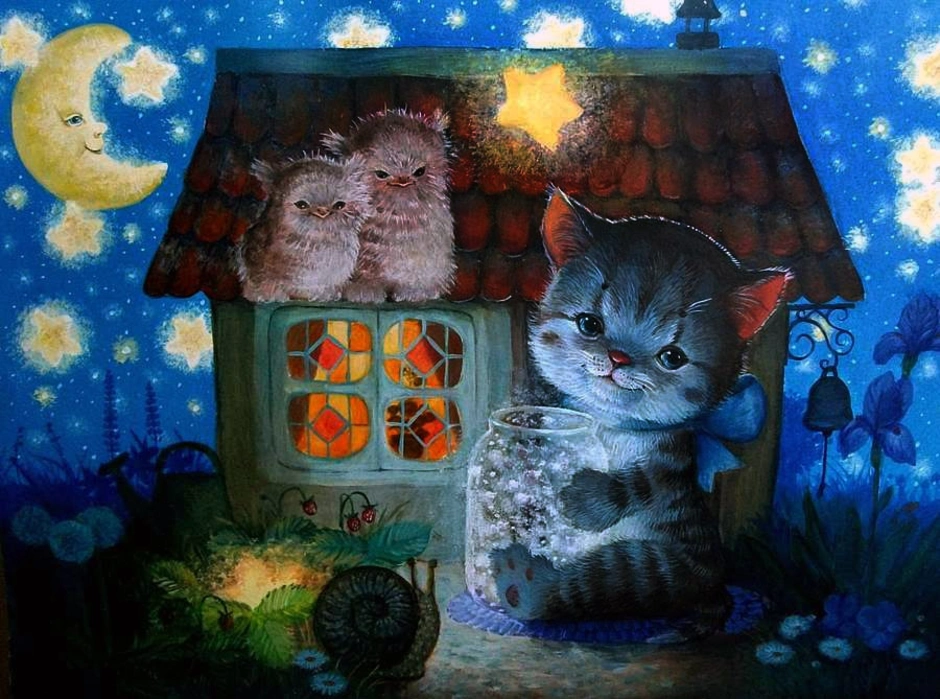 Сказка дом кота. Чудесные иллюстрации Марии Рытовой. Уютного вечера. Сказочные котики.