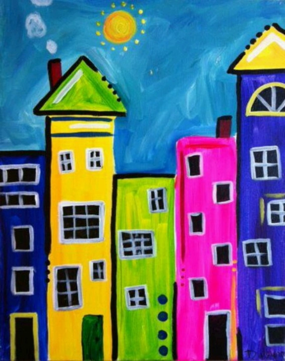 Рисунки красками дома. Разноцветные детские домики. Рисование город. Город изо. Детский рисунок.