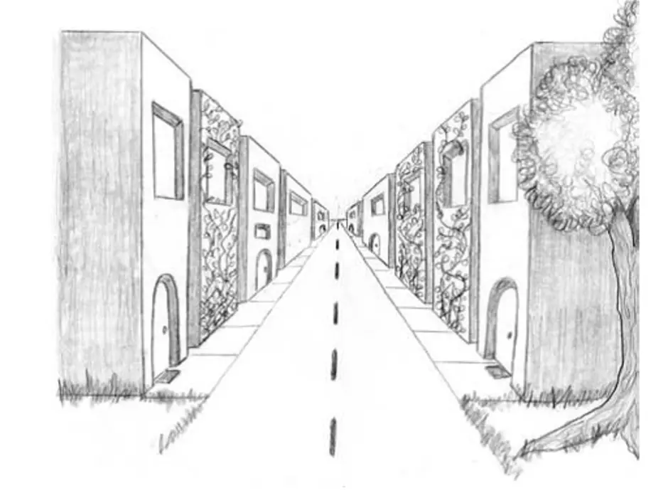Перспектива рисунок. Линейная перспектива улицы с 1 точкой схода. Линейная перспектива с одной точкой схода улица. Город линейная перспектива с одной точкой схода. Линейная перспектива улица 6 класс.