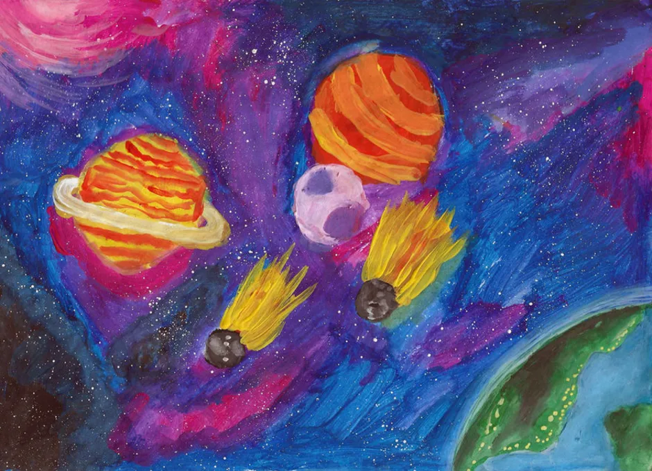 Рисуем космос карандашами. Космос рисунок. Рисование космос. Космос рисунок гуашью. Космос рисунок карандашом цветным.