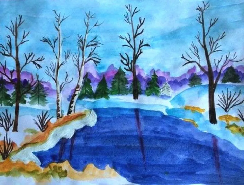 Весенний рисунок 7 класс. Рисование весеннего пейзажа. Весенний пейзаж для детей.