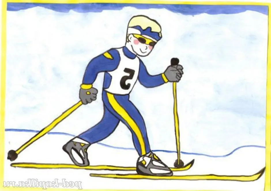 Лыжник 3 класс. Лыжник рисунок. Зимние виды спорта рисунок. Лыжный спорт рисование. Рисунок на тему горнолыжный спорт.