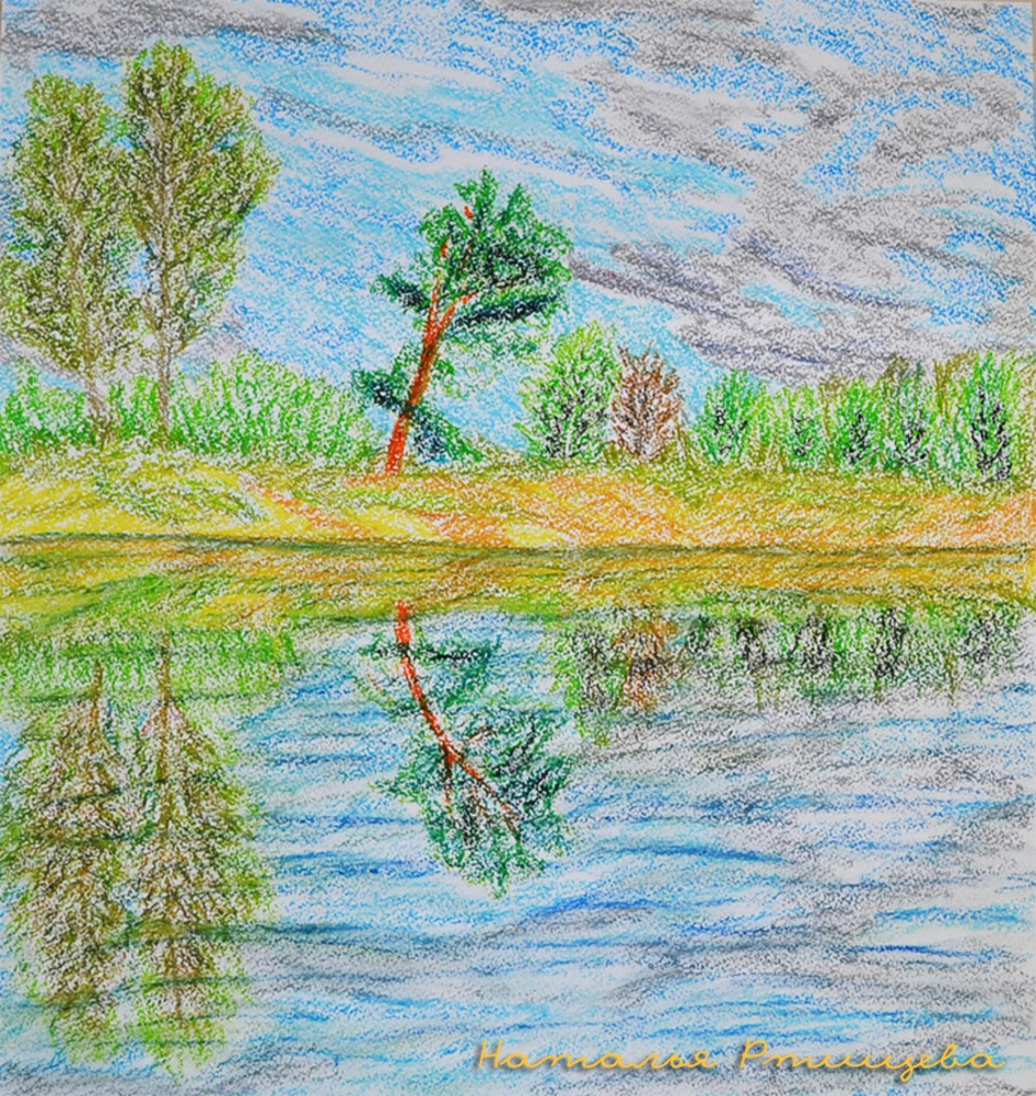 Рисунок реки озера или моря. Пейзаж цветными карандашами. Летний пейзаж цветными карандашами. Пейзаж цветными карандашами для детей. Рисунок пейзажа природы карандашом.