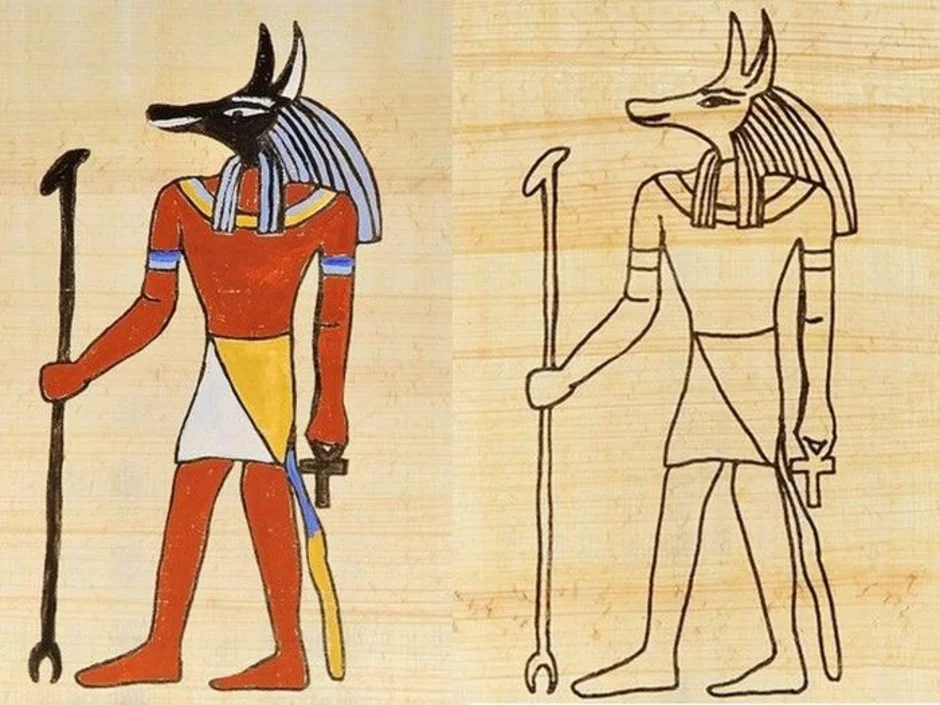 Древнеегипетские рисунки 5 класс. Боги древнего Египта Бог Анубис. Анубис рисунок древнего Египта. Анубис Бог Египта Папирус. Анубис мумифицирует Осириса.
