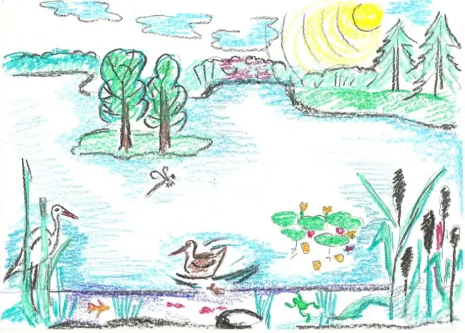 Рисунок сообщество биология 5 класс. Детские рисунки водоемов. Природное сообщество рисунок. Нарисовать природное сообщество. Рисунок на тему природное сообщество лес.